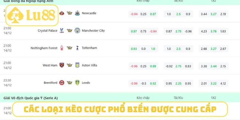 Các loại kèo cược phổ biến được cung cấp